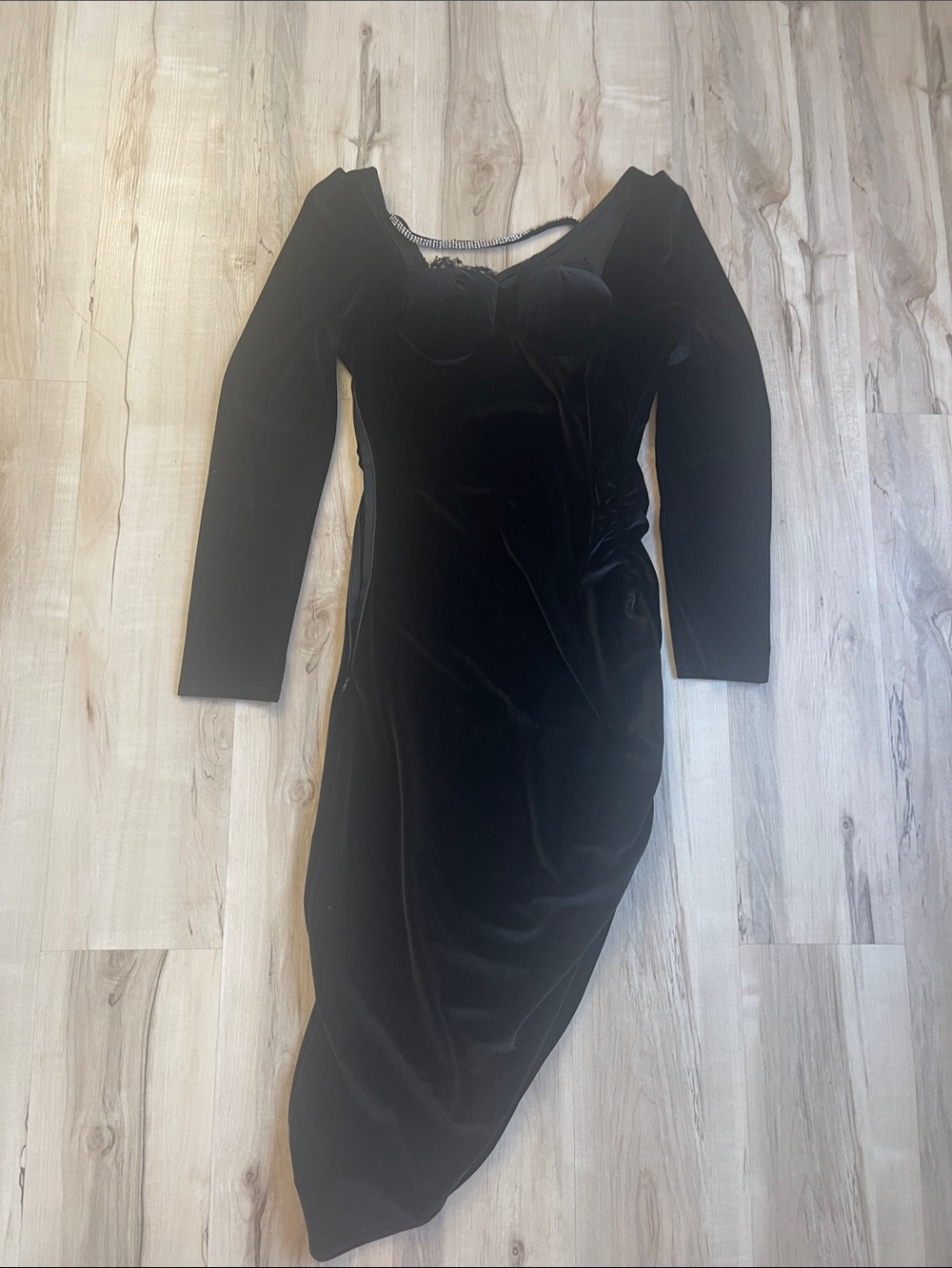 Black Velvet Long-Sleeve Asymmetric Midi Dress